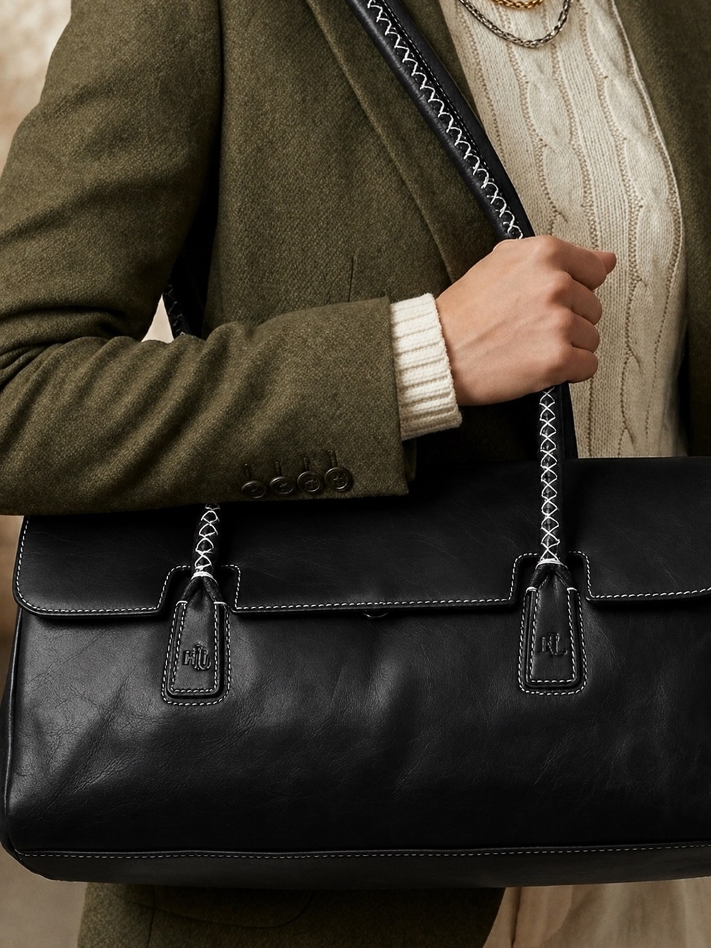 Ralph lauren Black Leather Shoulder Bag with White whipstitch Contrast Stitching
